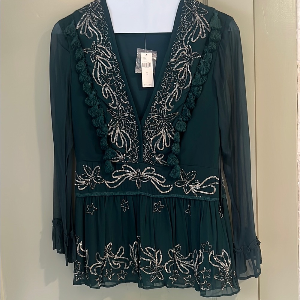 Anthropologie Rana Gill Embroidered Green Sheer Women's Top